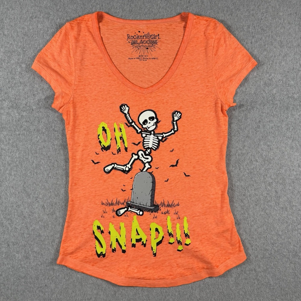 Rocker Girl Oh Snap Skeleton Halloween Orange V Neck Tee Size S(3-5)